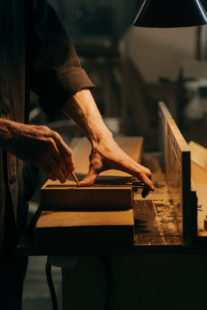 mobile-02 A craftsman skillfully sanding a wooden plank in a well-lit workshop.